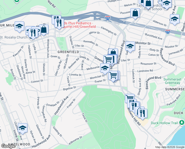 map of restaurants, bars, coffee shops, grocery stores, and more near 730 Montclair Street in Pittsburgh