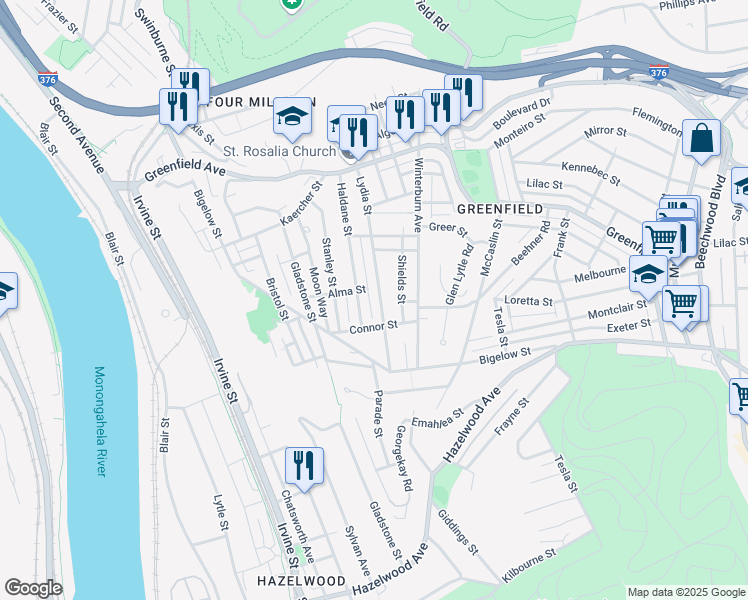 map of restaurants, bars, coffee shops, grocery stores, and more near 4341 Lydia Street in Pittsburgh