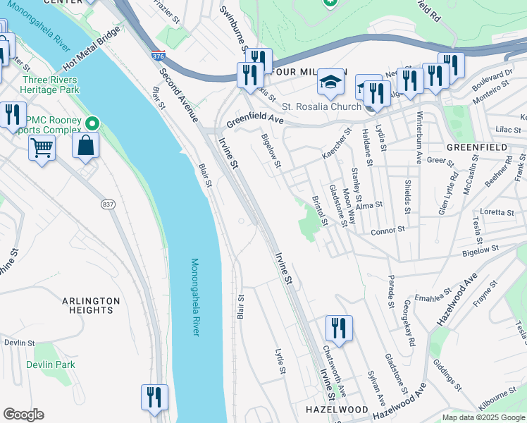 map of restaurants, bars, coffee shops, grocery stores, and more near 4170 Second Avenue in Pittsburgh