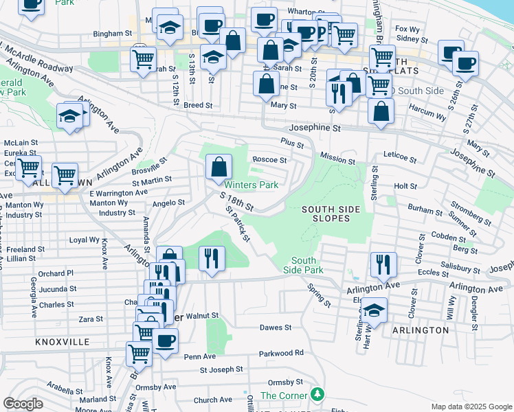 map of restaurants, bars, coffee shops, grocery stores, and more near 1715 Marcus Way in Pittsburgh