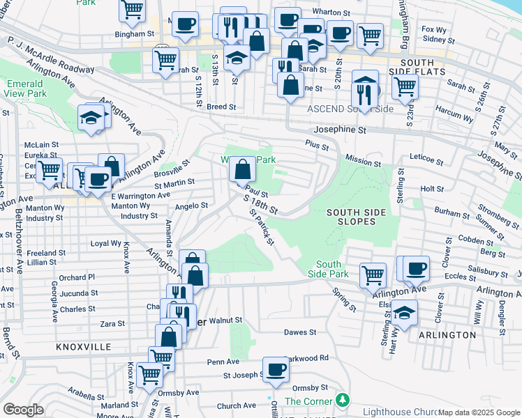 map of restaurants, bars, coffee shops, grocery stores, and more near 1621 Gable Street in Pittsburgh