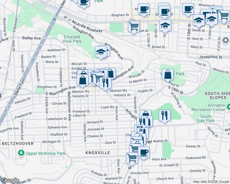 map of restaurants, bars, coffee shops, grocery stores, and more near 1326 Arlington Avenue in Pittsburgh