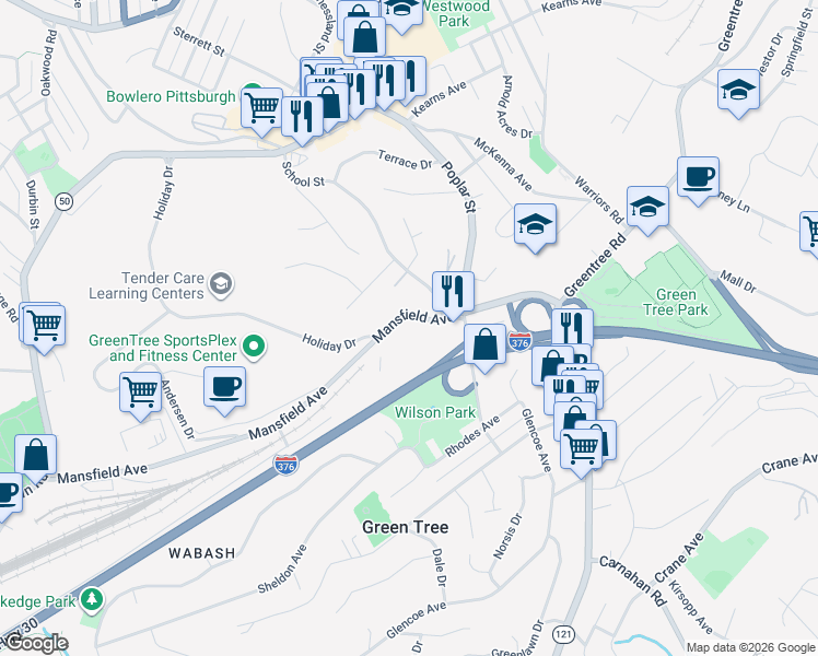 map of restaurants, bars, coffee shops, grocery stores, and more near 367 Mansfield Avenue in Pittsburgh