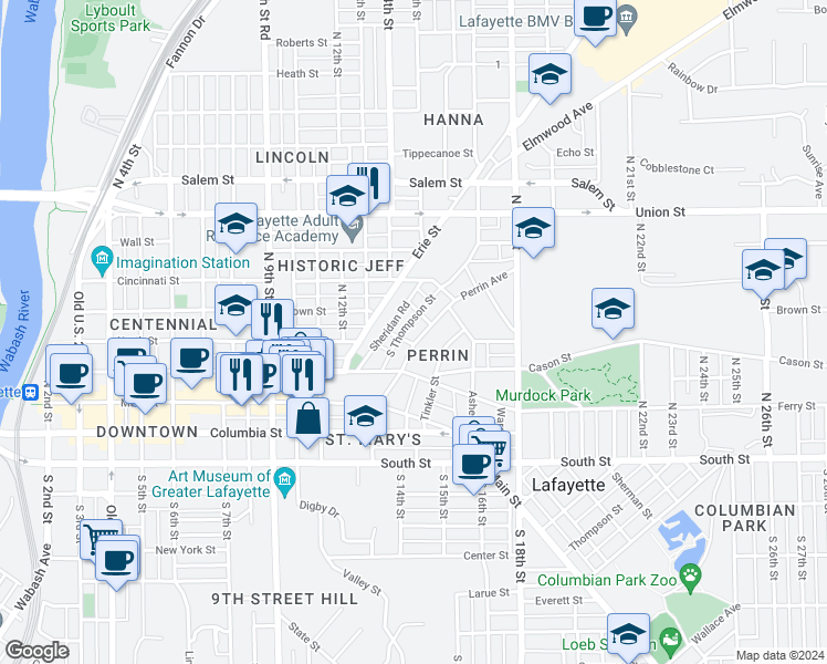 map of restaurants, bars, coffee shops, grocery stores, and more near 316 Perrin Avenue in Lafayette