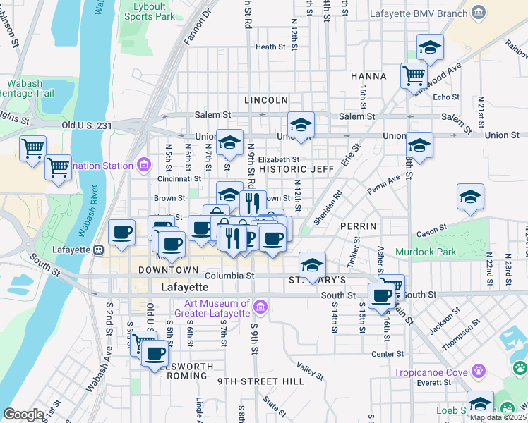 map of restaurants, bars, coffee shops, grocery stores, and more near 920 Ferry Street in Lafayette