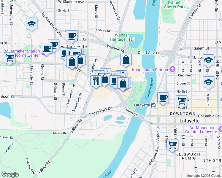 map of restaurants, bars, coffee shops, grocery stores, and more near 265 East State Street in West Lafayette