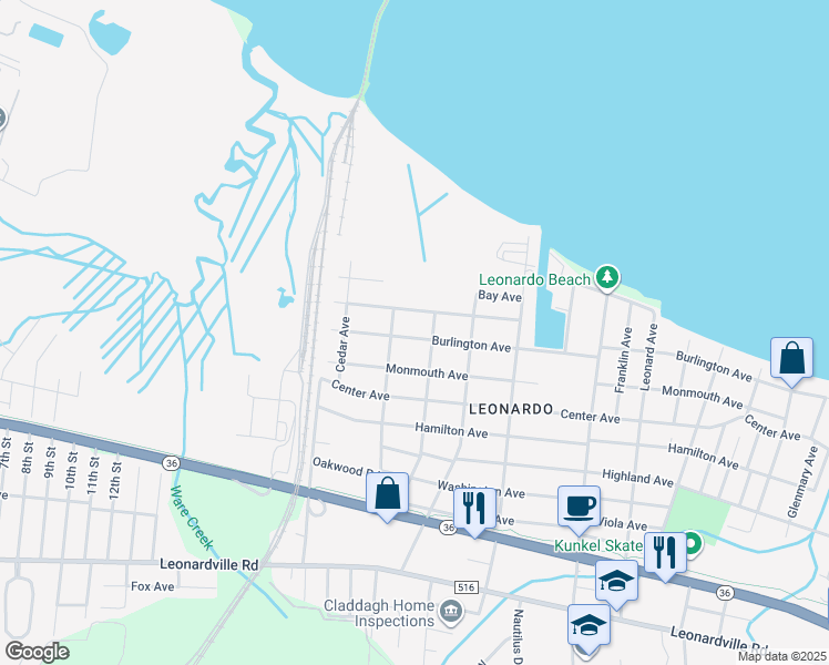 map of restaurants, bars, coffee shops, grocery stores, and more near 113 Burlington Avenue in Leonardo