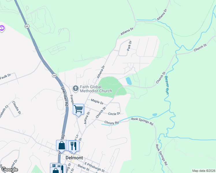 map of restaurants, bars, coffee shops, grocery stores, and more near 483 Athena Drive in Delmont