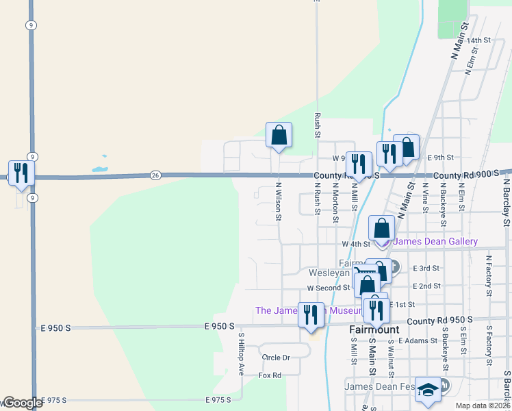 map of restaurants, bars, coffee shops, grocery stores, and more near 555 North Wilson Street in Fairmount