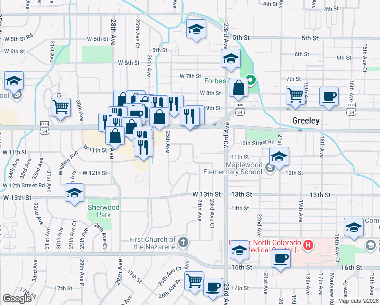 map of restaurants, bars, coffee shops, grocery stores, and more near 2426 West 11th Street in Greeley