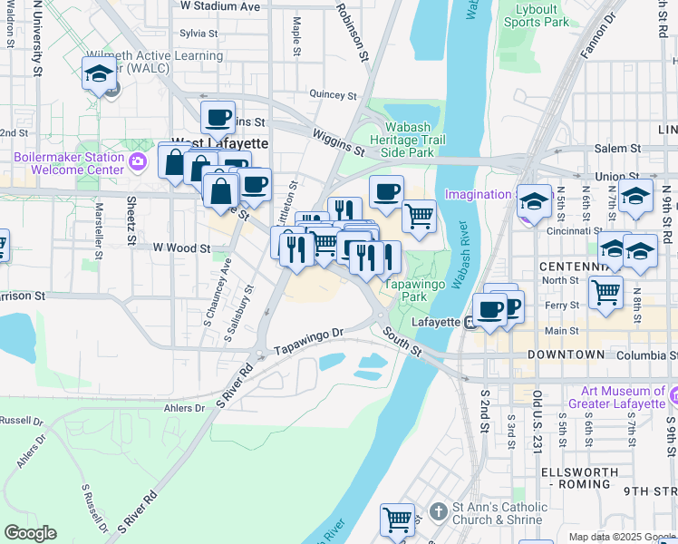 map of restaurants, bars, coffee shops, grocery stores, and more near East State Street in West Lafayette