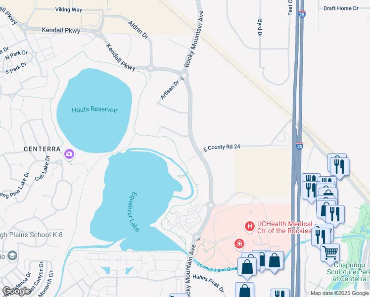 map of restaurants, bars, coffee shops, grocery stores, and more near 2915 Rocky Mountain Avenue in Loveland