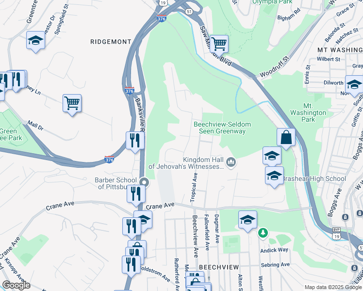 map of restaurants, bars, coffee shops, grocery stores, and more near 1120 Shadycrest Place in Pittsburgh