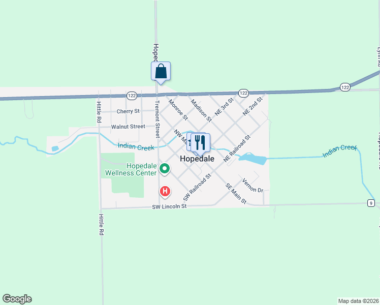 map of restaurants, bars, coffee shops, grocery stores, and more near 231 Northwest Main Street in Hopedale