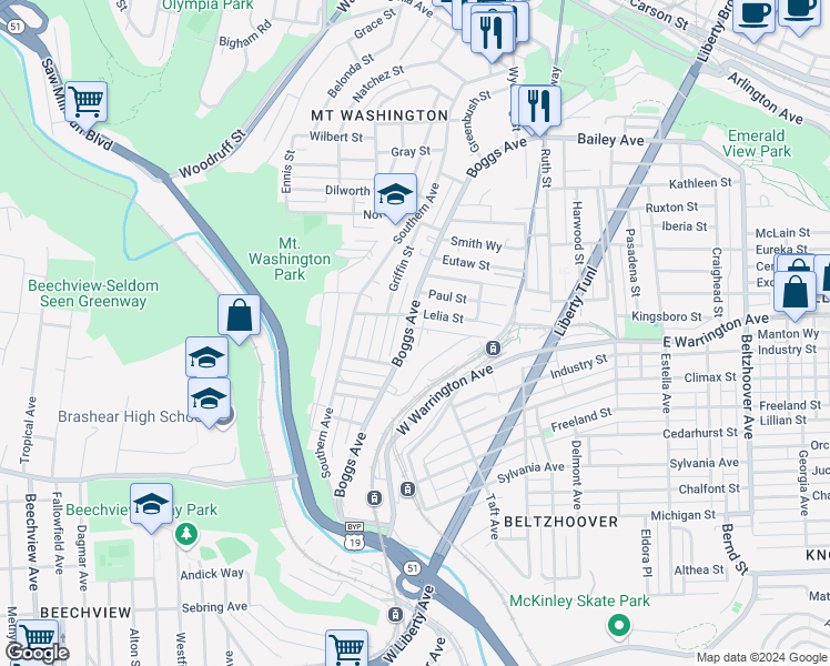 map of restaurants, bars, coffee shops, grocery stores, and more near 613 Boggs Avenue in Pittsburgh