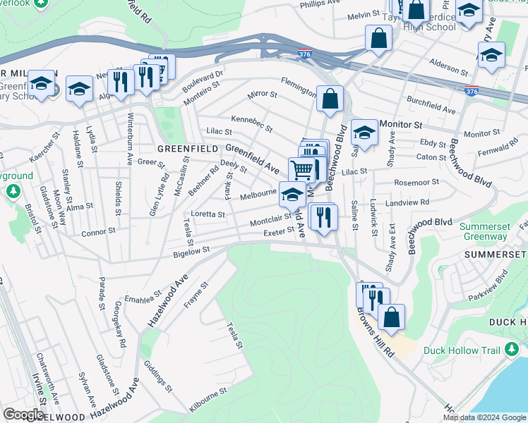 map of restaurants, bars, coffee shops, grocery stores, and more near 744 Melbourne Street in Pittsburgh