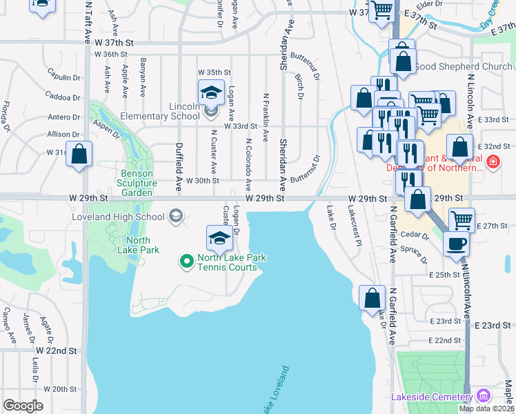 map of restaurants, bars, coffee shops, grocery stores, and more near 613 West 29th Street in Loveland