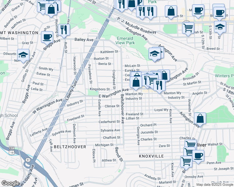 map of restaurants, bars, coffee shops, grocery stores, and more near 107 Craighead Street in Pittsburgh