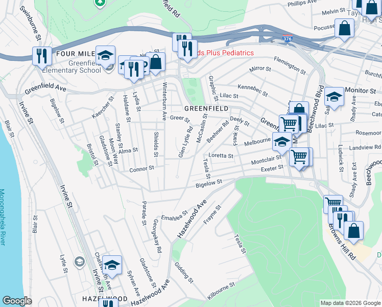 map of restaurants, bars, coffee shops, grocery stores, and more near 4273 Glen Lytle Road in Pittsburgh