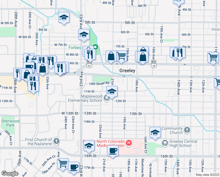 map of restaurants, bars, coffee shops, grocery stores, and more near 2110 10th Street Road in Greeley