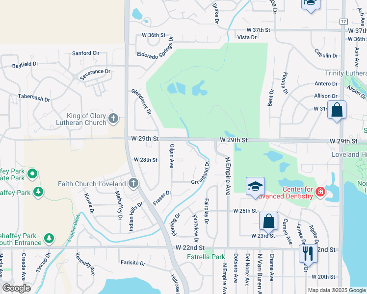 map of restaurants, bars, coffee shops, grocery stores, and more near 2409 West 29th Street in Loveland