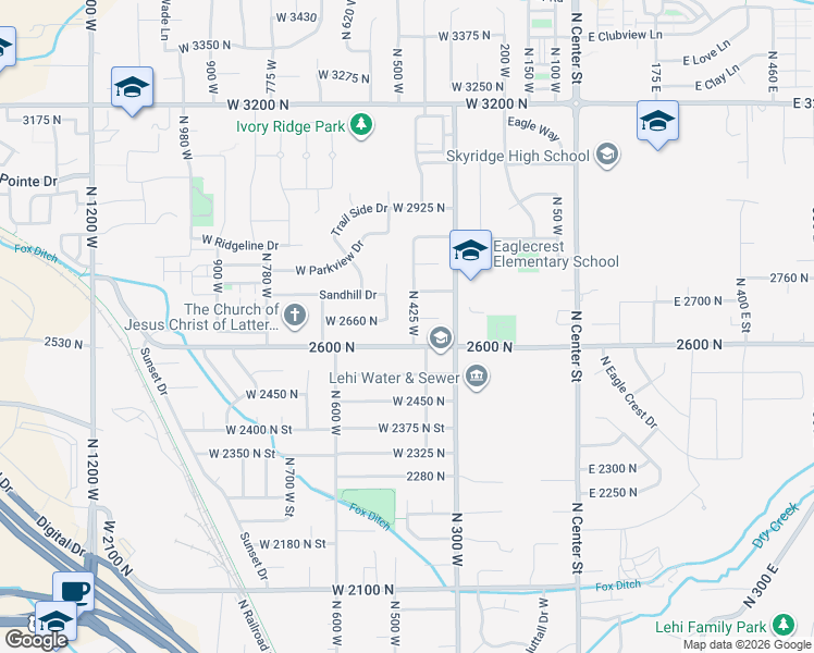 map of restaurants, bars, coffee shops, grocery stores, and more near 2723 North 425 West in Lehi