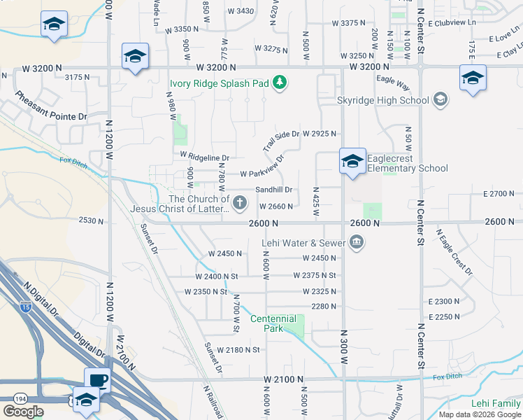 map of restaurants, bars, coffee shops, grocery stores, and more near 615 Sandhill Drive in Lehi