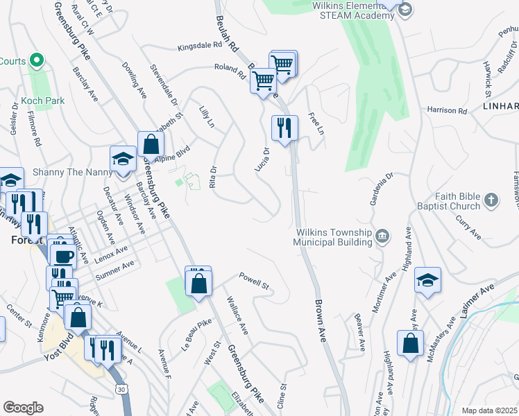 map of restaurants, bars, coffee shops, grocery stores, and more near 521 Lucia Drive in Pittsburgh