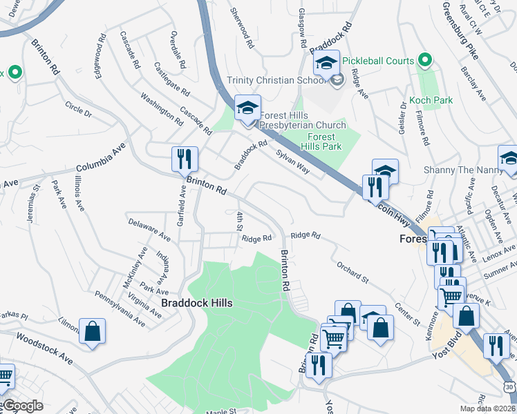 map of restaurants, bars, coffee shops, grocery stores, and more near 9 Roxbury Road in Pittsburgh
