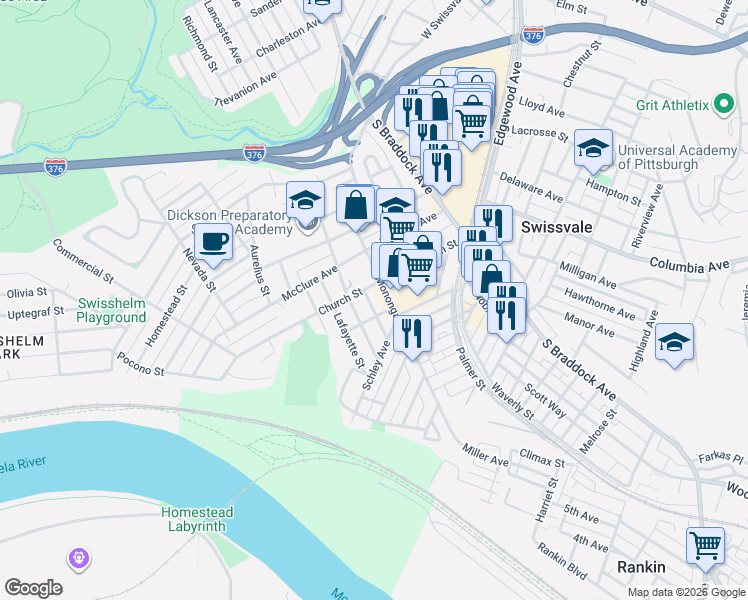 map of restaurants, bars, coffee shops, grocery stores, and more near 7407 Church Street in Pittsburgh