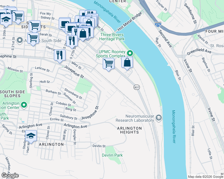 map of restaurants, bars, coffee shops, grocery stores, and more near 3210 Jane Street in Pittsburgh