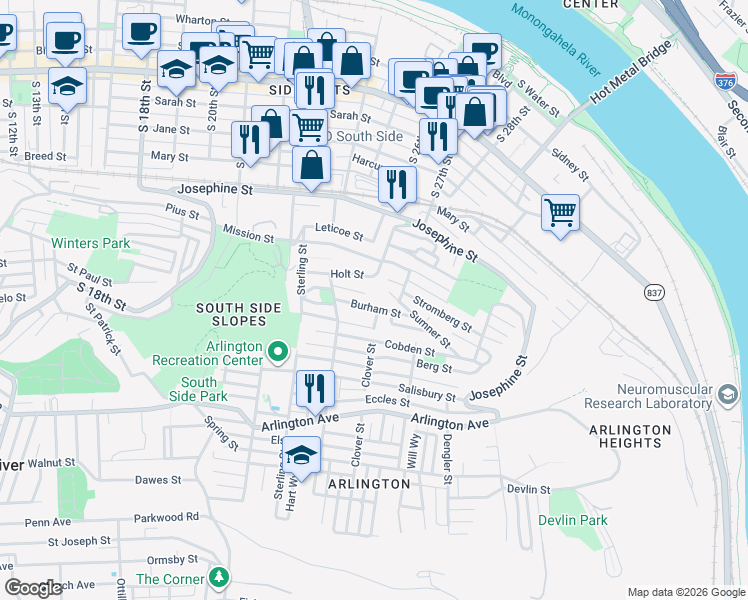 map of restaurants, bars, coffee shops, grocery stores, and more near 76 Holt Street in Pittsburgh
