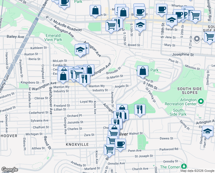map of restaurants, bars, coffee shops, grocery stores, and more near 969 East Warrington Avenue in Pittsburgh