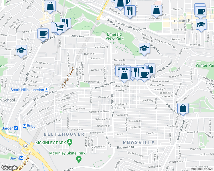 map of restaurants, bars, coffee shops, grocery stores, and more near in Pittsburgh