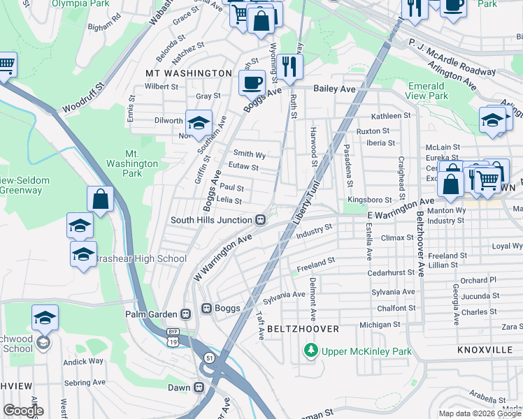 map of restaurants, bars, coffee shops, grocery stores, and more near 284 Paul Street in Pittsburgh