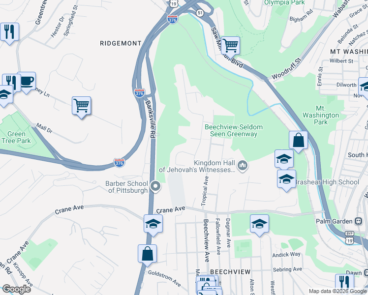 map of restaurants, bars, coffee shops, grocery stores, and more near 1120 Shadycrest Place in Pittsburgh