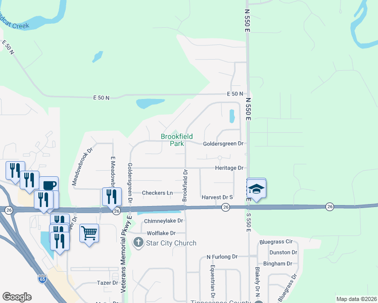 map of restaurants, bars, coffee shops, grocery stores, and more near 5126-5202 Goldersgreen Dr in Lafayette
