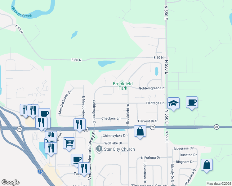 map of restaurants, bars, coffee shops, grocery stores, and more near 5126-5202 Goldersgreen Dr in Lafayette