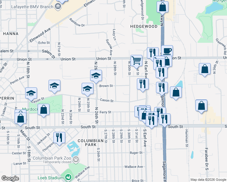 map of restaurants, bars, coffee shops, grocery stores, and more near 600 North 28th Street in Lafayette