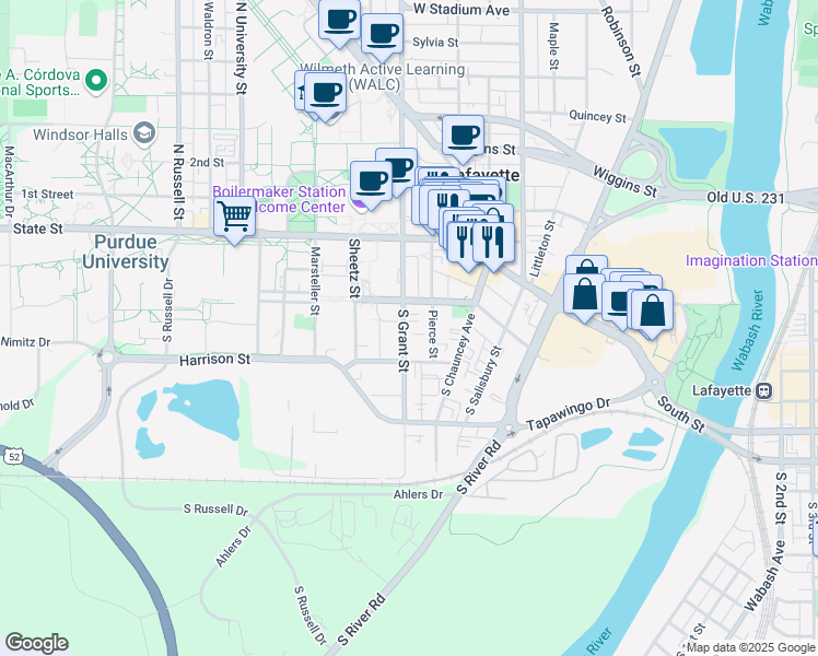 map of restaurants, bars, coffee shops, grocery stores, and more near 261 West Wood Street in West Lafayette