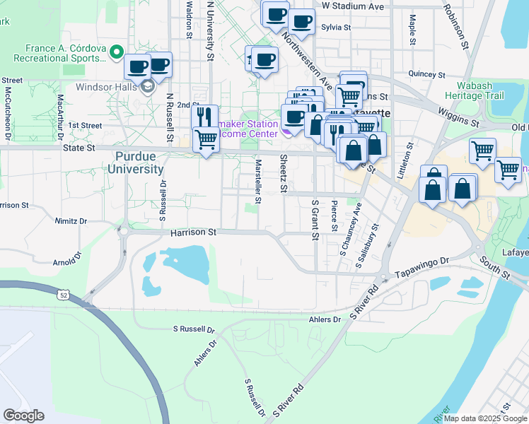 map of restaurants, bars, coffee shops, grocery stores, and more near 517 West Wood Street in West Lafayette