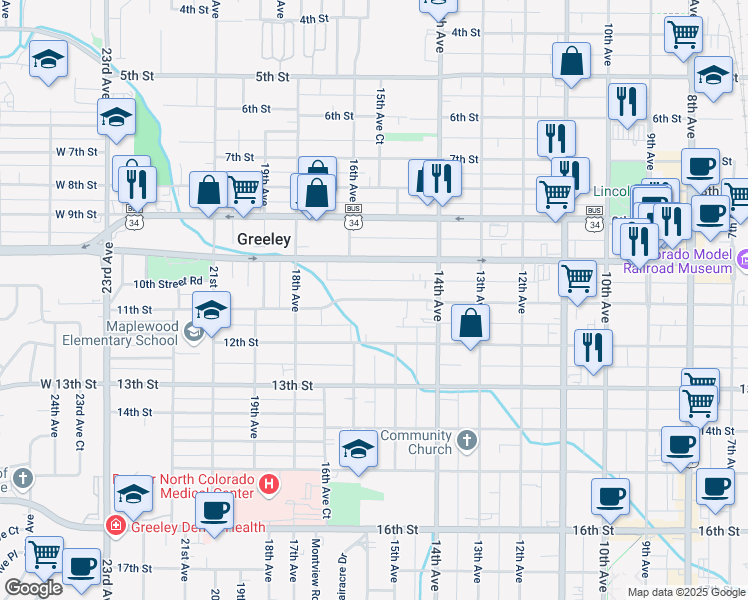 map of restaurants, bars, coffee shops, grocery stores, and more near 1524 11th Street in Greeley