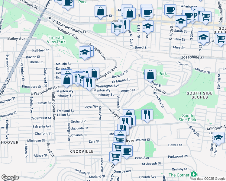 map of restaurants, bars, coffee shops, grocery stores, and more near 969 East Warrington Avenue in Pittsburgh
