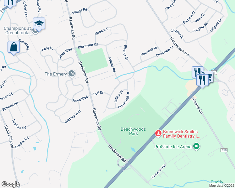 map of restaurants, bars, coffee shops, grocery stores, and more near 10 Gillian Drive in South Brunswick Township