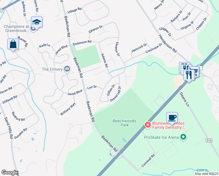 map of restaurants, bars, coffee shops, grocery stores, and more near 10 Gillian Drive in South Brunswick Township