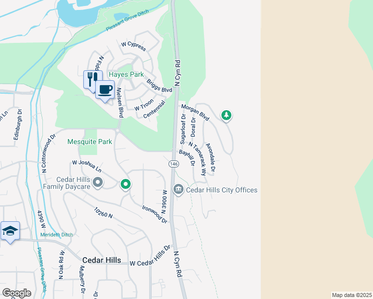 map of restaurants, bars, coffee shops, grocery stores, and more near 10412 Bayhill Drive in Cedar Hills