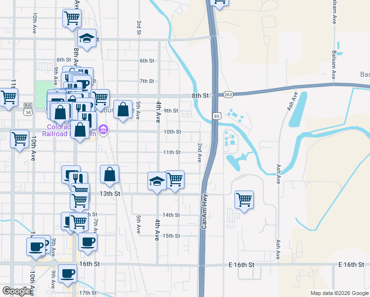 map of restaurants, bars, coffee shops, grocery stores, and more near 1015 3rd Avenue in Greeley