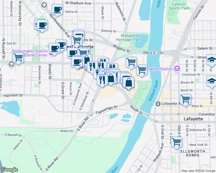 map of restaurants, bars, coffee shops, grocery stores, and more near 221 East State Street in West Lafayette