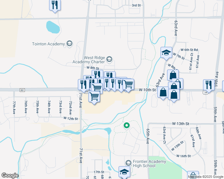 map of restaurants, bars, coffee shops, grocery stores, and more near U.S. 34 Business in Evans