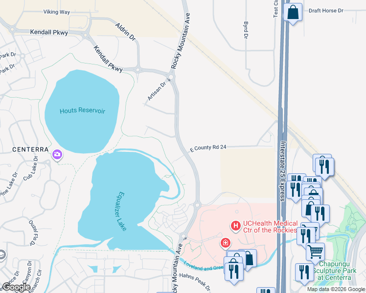 map of restaurants, bars, coffee shops, grocery stores, and more near 3005 Rocky Mountain Avenue in Loveland